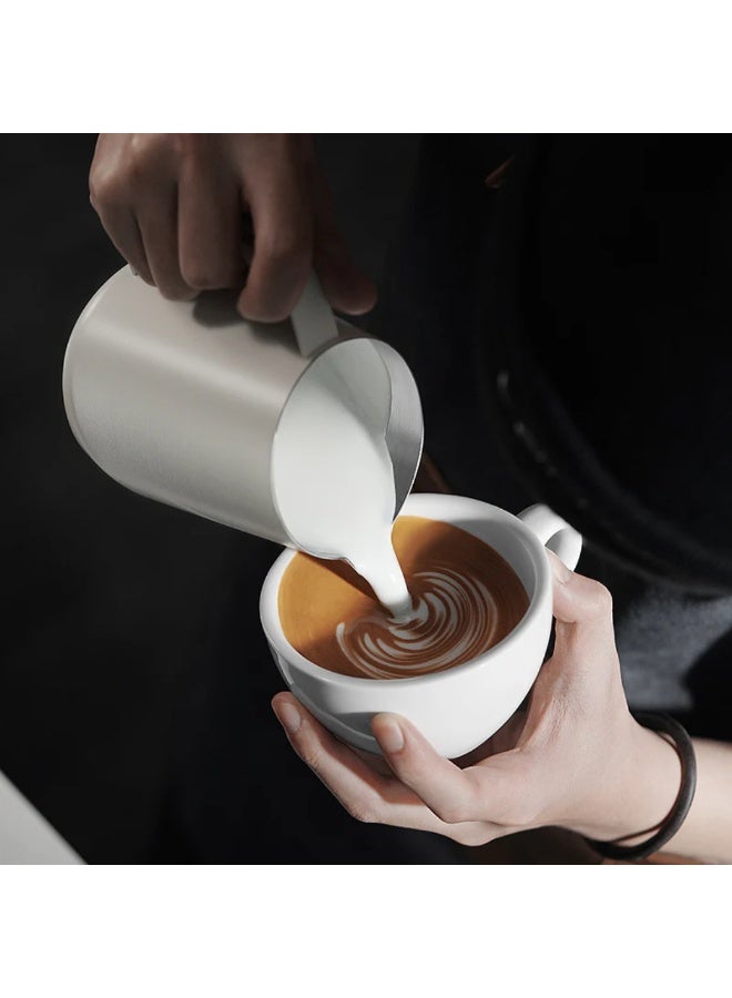 MHW-3BOMBER GT Milk Pitcher Matte White 400 ml - SUS304 Stainless Steel Latte Art Frothing Jug with U-Shape Spout, Diamond Handle & Tilted Base for Precision Pouring - Image 5